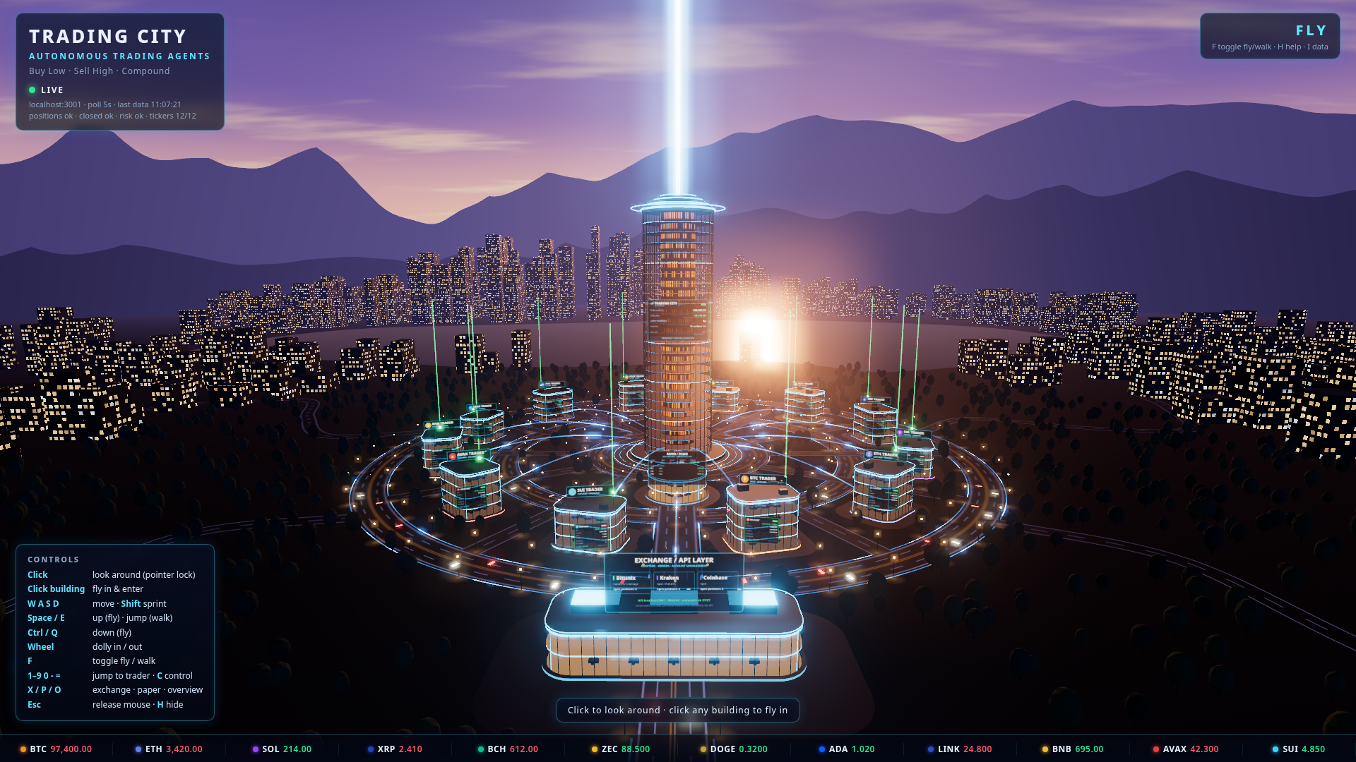 Live Trading City — 12 trader towers rendering real positions